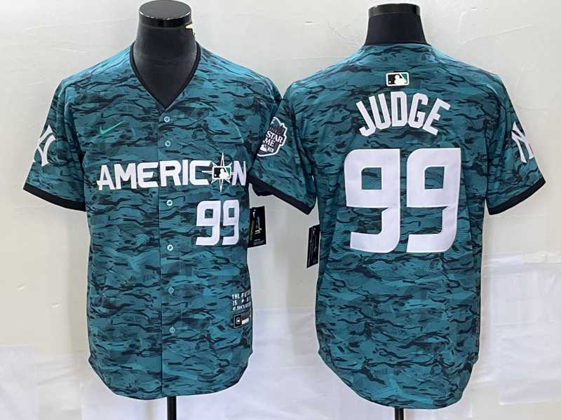 Mens New York Yankees #99 Aaron Judge Number Teal 2023 All star Cool Base Stitched Baseball Jersey